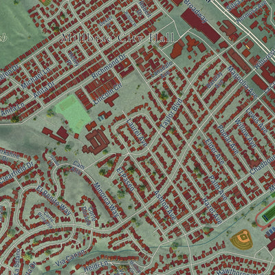 Close-up of the map of Millbrae, California print showing street and building detail