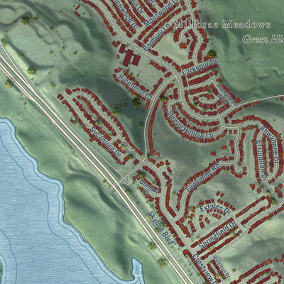 Second close-up of the map of Millbrae, California print showing more streets and buildings