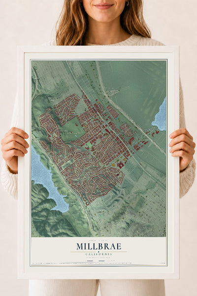 Map of Millbrae, California, 18 x 24 inch print in a white wood frame