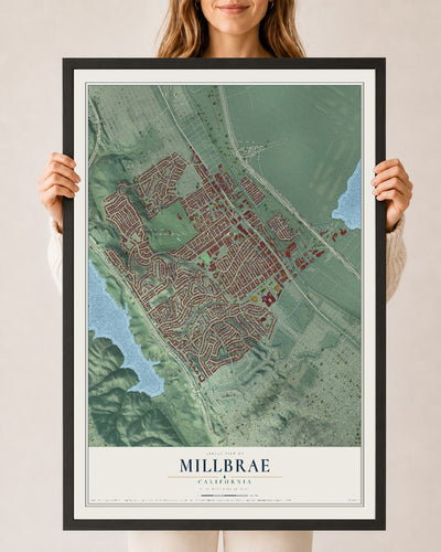 Map of Millbrae, California, 24 x 36 inch print in a black wood frame
