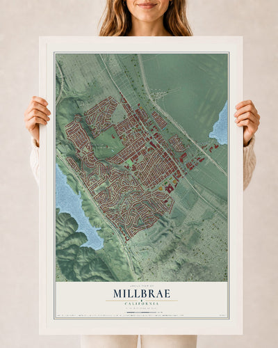 Map of Millbrae, California, 24 x 36 inch print in a white wood frame