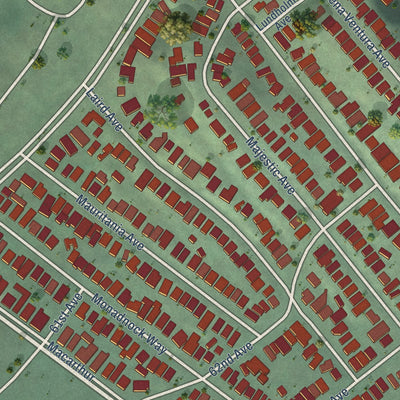 Close-up of the map of Millsmont, California print showing street and building detail