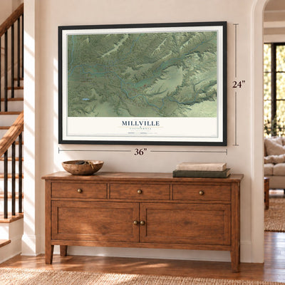 Millville, California map, 24 x 36 inch print in a black frame above a dresser by a staircase