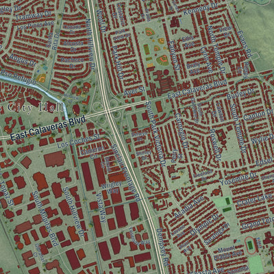 Close-up of the map of Milpitas, California print showing street and building detail