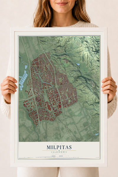 Map of Milpitas, California, 18 x 24 inch print in a white wood frame