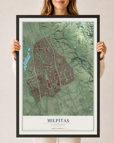 Map of Milpitas, California, 24 x 36 inch print in a black wood frame