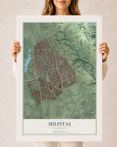 Map of Milpitas, California, 24 x 36 inch print in a white wood frame