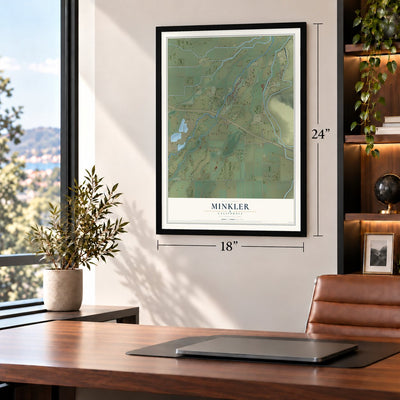 Minkler, California map, 18 x 24 inch print in a black frame in a home office