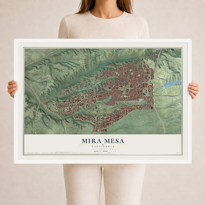 Map of Mira Mesa, California, 24 x 36 inch print in a white wood frame