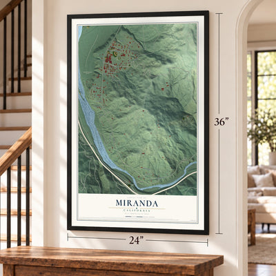 Miranda, California map, 24 x 36 inch print in a black frame by a staircase
