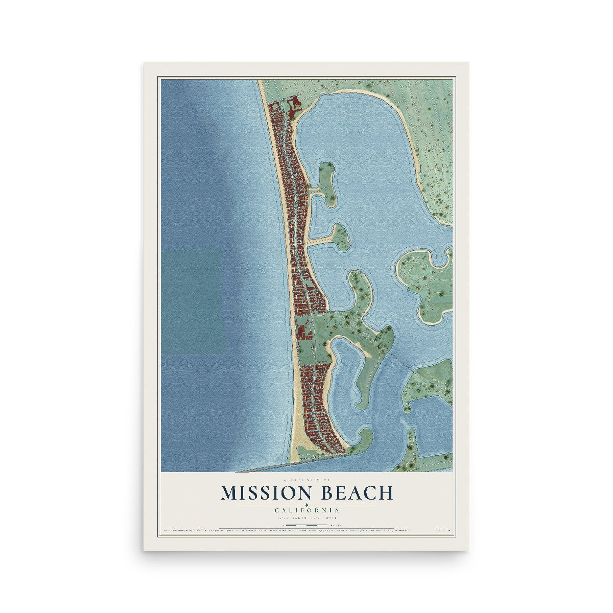 Map of Mission Beach, California, 12 x 18 inch unframed archival matte print