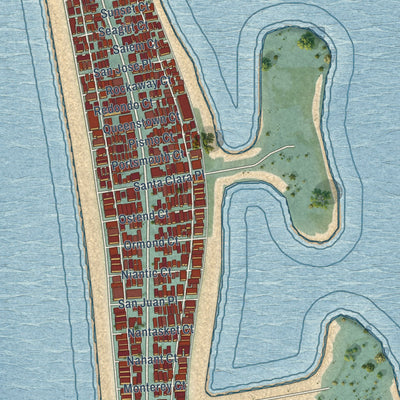 Close-up of the map of Mission Beach, California print showing street and building detail
