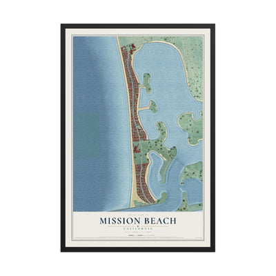 Map of Mission Beach, California, 12 x 18 inch print in a black wood frame