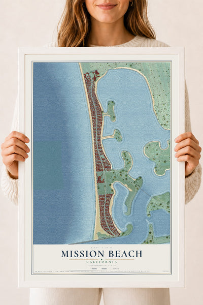 Map of Mission Beach, California, 18 x 24 inch print in a white wood frame