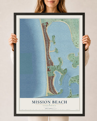 Map of Mission Beach, California, 24 x 36 inch print in a black wood frame