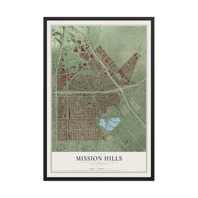 Map of Mission Hills, California, 12 x 18 inch print in a black wood frame