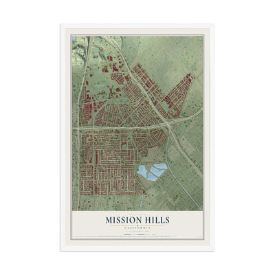 Map of Mission Hills, California, 12 x 18 inch print in a white wood frame
