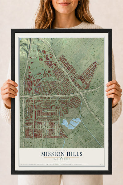Map of Mission Hills, California, 18 x 24 inch print in a black wood frame