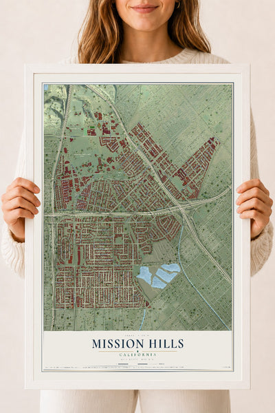 Map of Mission Hills, California, 18 x 24 inch print in a white wood frame