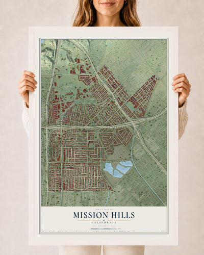 Map of Mission Hills, California, 24 x 36 inch print in a white wood frame