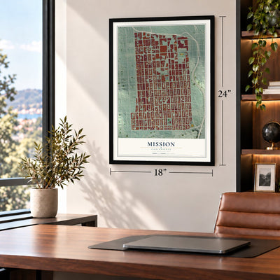 Mission, California map, 18 x 24 inch print in a black frame in a home office