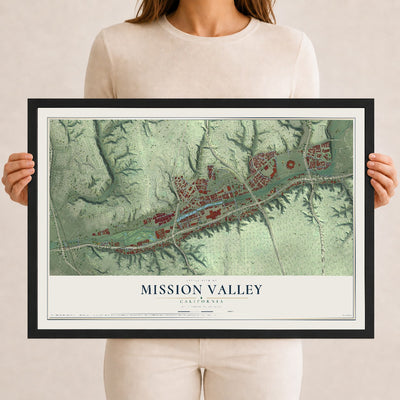 Map of Mission Valley, California, 12 x 18 inch print in a black wood frame