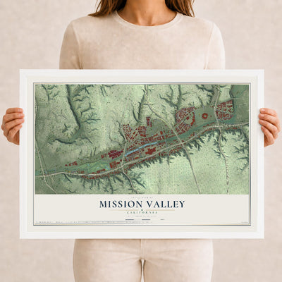 Map of Mission Valley, California, 12 x 18 inch print in a white wood frame
