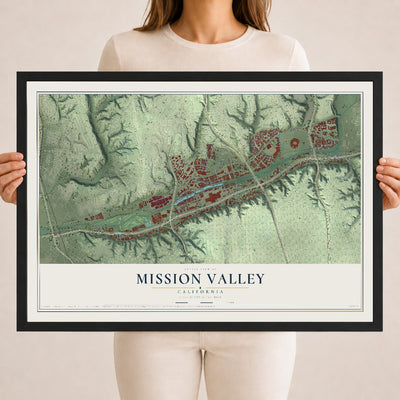 Map of Mission Valley, California, 18 x 24 inch print in a black wood frame