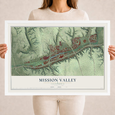 Map of Mission Valley, California, 18 x 24 inch print in a white wood frame