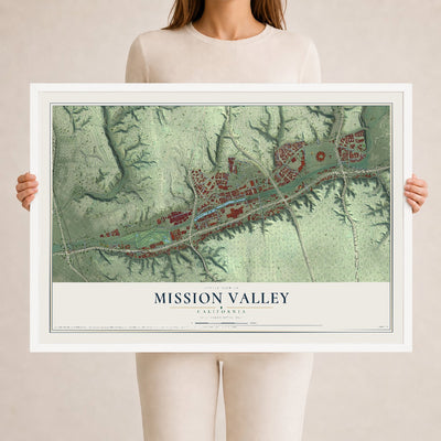 Map of Mission Valley, California, 24 x 36 inch print in a white wood frame