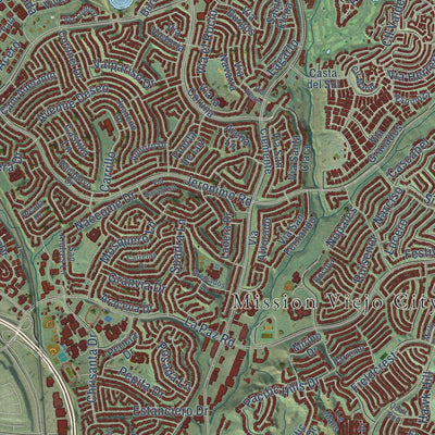Close-up of the map of Mission Viejo, California print showing street and building detail