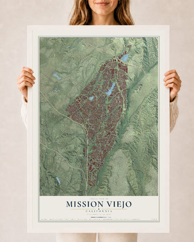 Map of Mission Viejo, California, 24 x 36 inch print in a white wood frame