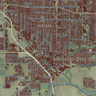 Close-up of the map of Modesto, California print showing street and building detail