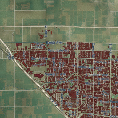 Second close-up of the map of Modesto, California print showing more streets and buildings