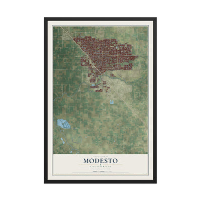 Map of Modesto, California, 12 x 18 inch print in a black wood frame
