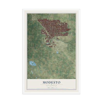Map of Modesto, California, 12 x 18 inch print in a white wood frame
