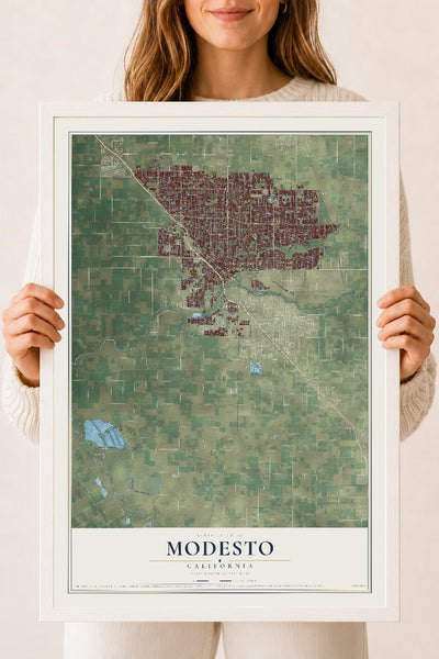 Map of Modesto, California, 18 x 24 inch print in a white wood frame