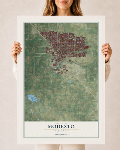 Map of Modesto, California, 24 x 36 inch print in a white wood frame