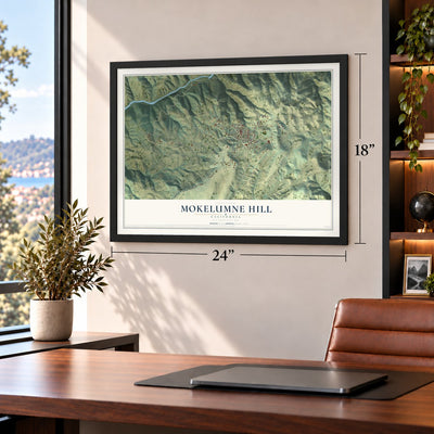 Mokelumne Hill, California map, 18 x 24 inch print in a black frame in a home office