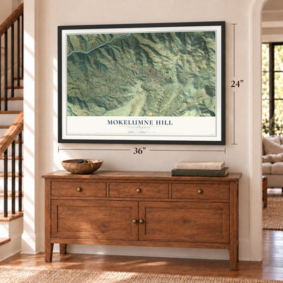 Mokelumne Hill, California map, 24 x 36 inch print in a black frame above a dresser by a staircase