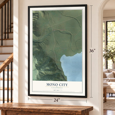 Mono City, California map, 24 x 36 inch print in a black frame by a staircase
