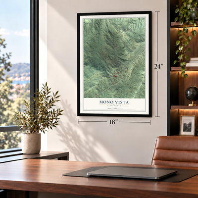 Mono Vista, California map, 18 x 24 inch print in a black frame in a home office