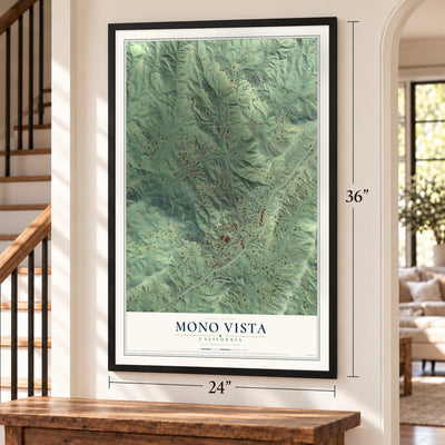 Mono Vista, California map, 24 x 36 inch print in a black frame by a staircase