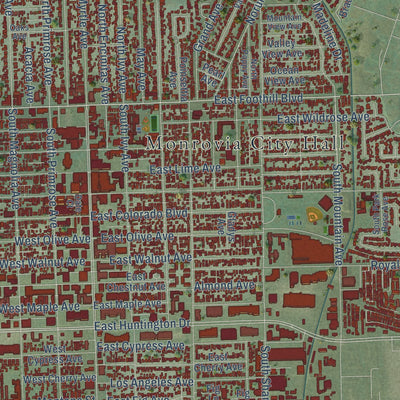 Close-up of the map of Monrovia, California print showing street and building detail