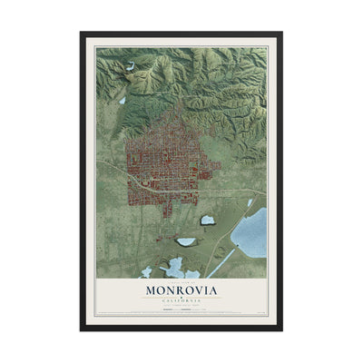 Map of Monrovia, California, 12 x 18 inch print in a black wood frame