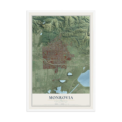 Map of Monrovia, California, 12 x 18 inch print in a white wood frame