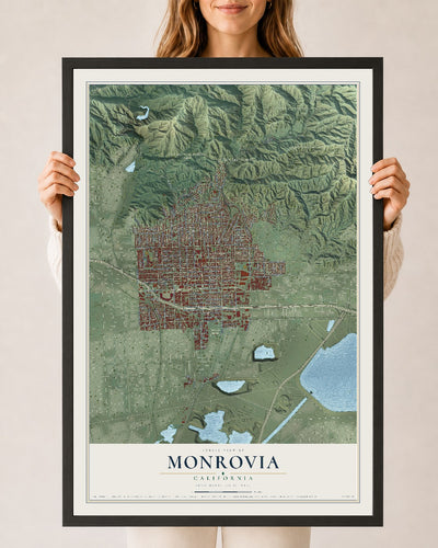 Map of Monrovia, California, 24 x 36 inch print in a black wood frame