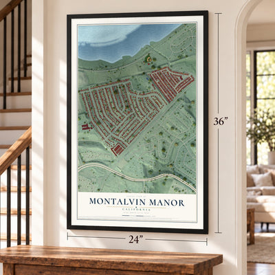 Montalvin Manor, California map, 24 x 36 inch print in a black frame by a staircase