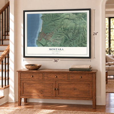 Montara, California map, 24 x 36 inch print in a black frame above a dresser by a staircase