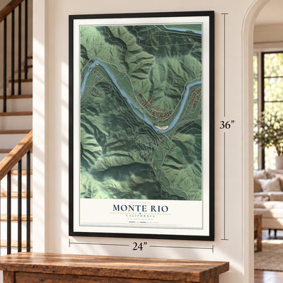 Monte Rio, California map, 24 x 36 inch print in a black frame by a staircase
